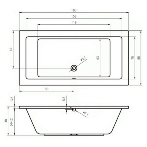 Комплект акриловая ванна RIHO LUSSO 180-90, B026001005 с каркасом и сливом-переливом