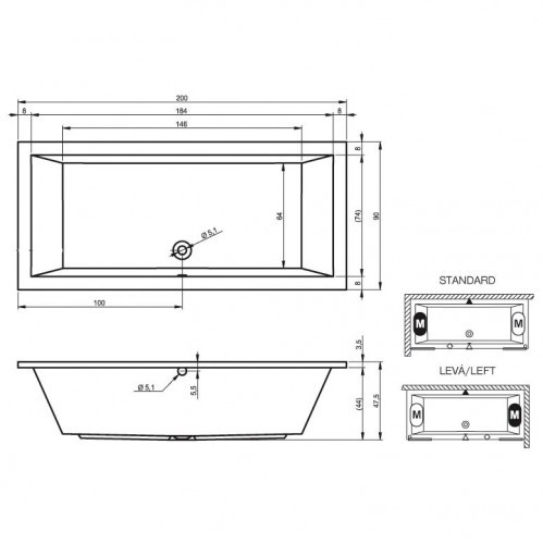 Комплект акриловая ванна RIHO LUSSO 200x90, B016001005 с каркасом и сливом-переливом