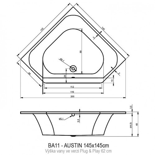 Уценка Акриловая ванна RIHO AUSTIN 145x145 - PLUG & PLAY, B005019005 (BD7600500000000)