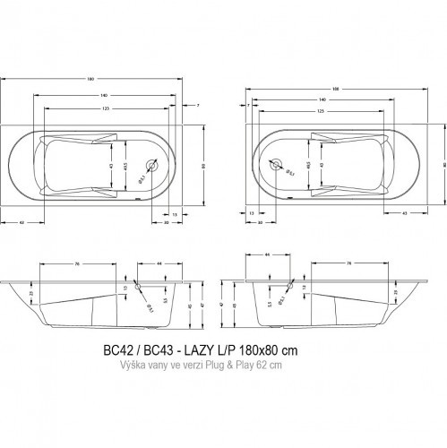 Акриловая ванна RIHO Lazy 180x80 LEFT - PLUG & PLAY, B083005005 (BD7800500000000)