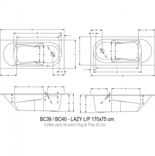 Акриловая ванна RIHO Lazy 170x75 RIGHT - PLUG & PLAY, B079005005 (BD7900500000000)