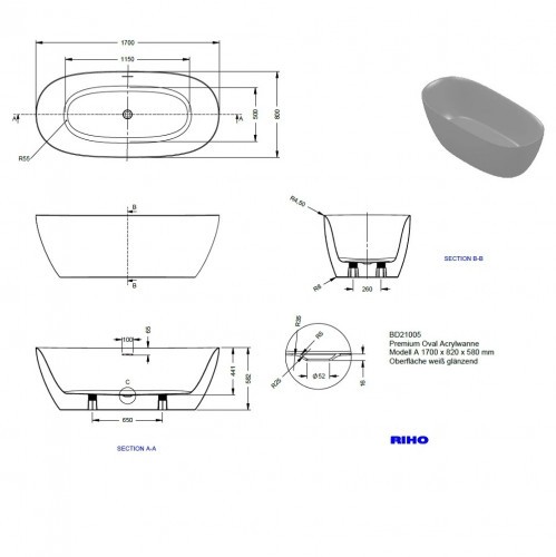 Акриловая ванна RIHO ALPHA 170x80, B092001005