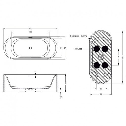 Ванна из искусственного мрамора Solid Surface Riho Valor 170x72, B130001105