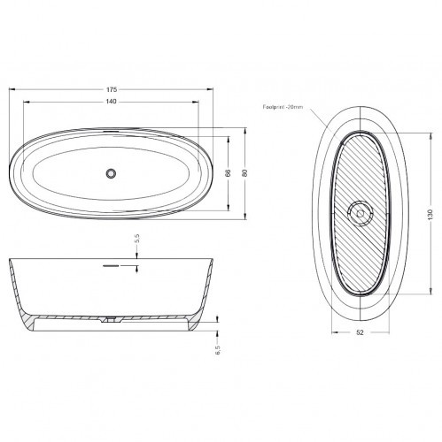 Ванна прозрачная из искусственного камня RIHO OVAL 175х80, Froasted Smoke B152002F01