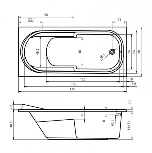 Комплект акриловая ванна RIHO COLUMBIA 175x80, B003001005 с каркасом