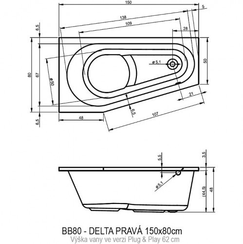 Акриловая ванна RIHO DELTA 150 RIGHT  - PLUG & PLAY, B066007005 (BD4000500000000)