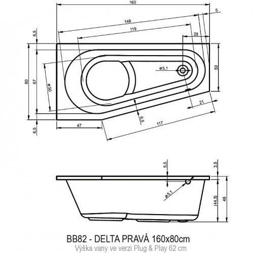 Акриловая ванна RIHO DELTA 160 RIGHT - PLUG & PLAY, B068007005 (BD4200500000000)