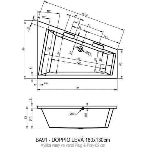 Акриловая ванна RIHO DOPPIO LEFT 180x130- PLUG & PLAY, BD4500500000000