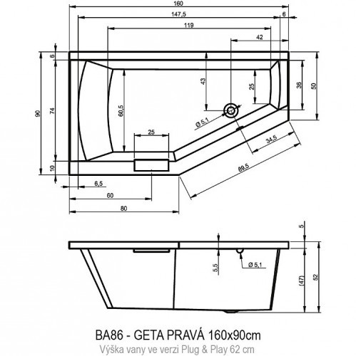 Акриловая ванна RIHO GETA 160x90 R - PLUG & PLAY, B029008005 (BD4600500000000)