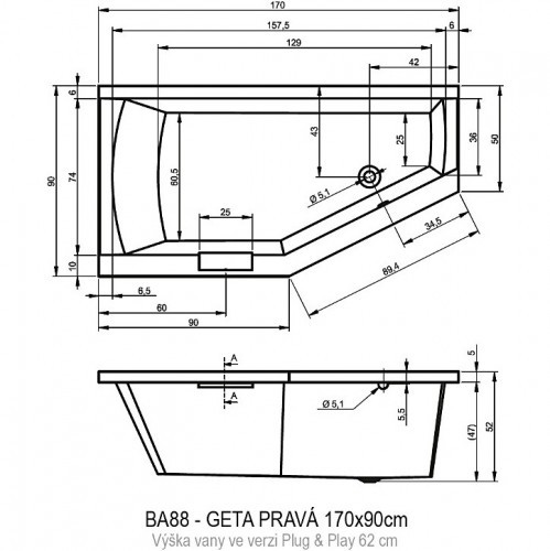 Акриловая ванна RIHO GETA 170x90 R - PLUG & PLAY, B031009005 (BD4800500000000)