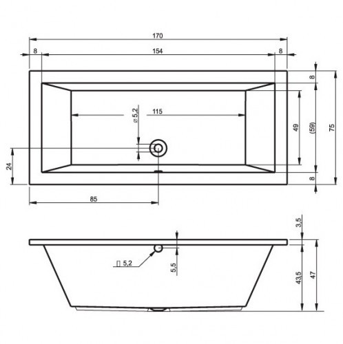 Комплект акриловая ванна RIHO LUSSO 170-75, B007001005 с каркасом